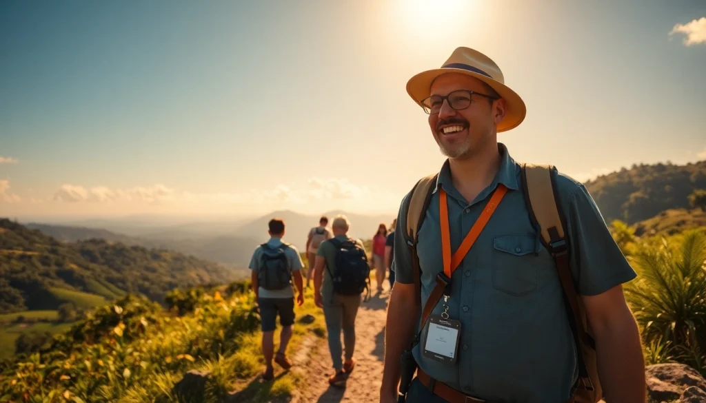Guide leading travelers through picturesque Lombok nature, showcasing local scenery and adventure.