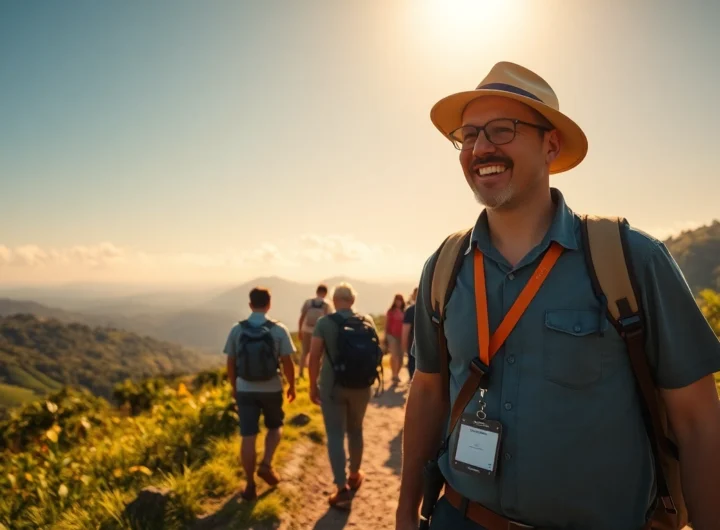 Guide leading travelers through picturesque Lombok nature, showcasing local scenery and adventure.