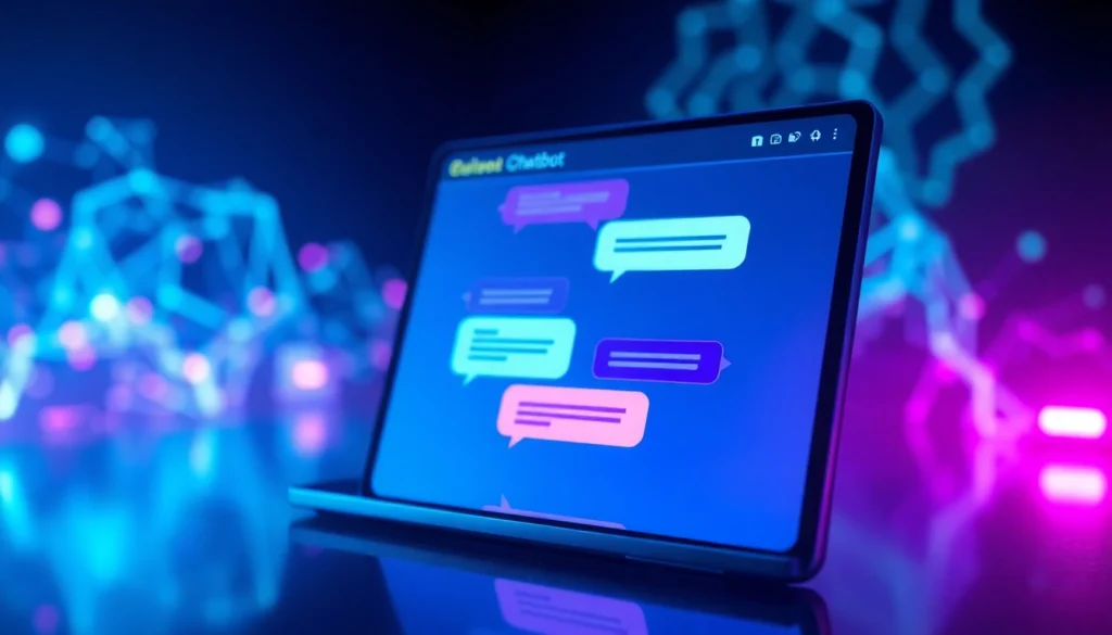Close-up of a futuristic AI chatbot interface with colorful speech bubbles on a sleek screen, glowing neon lights, and abstract technological background.