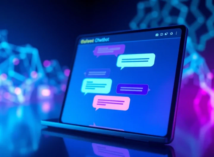 Close-up of a futuristic AI chatbot interface with colorful speech bubbles on a sleek screen, glowing neon lights, and abstract technological background.