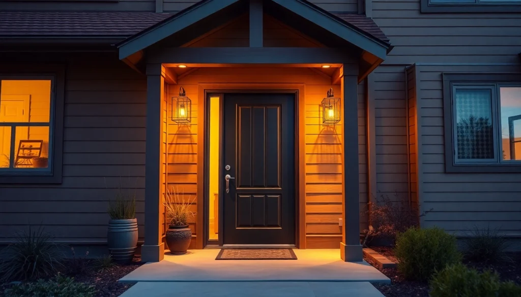 Front door replacement in progress: modern fiberglass entry with warm lighting