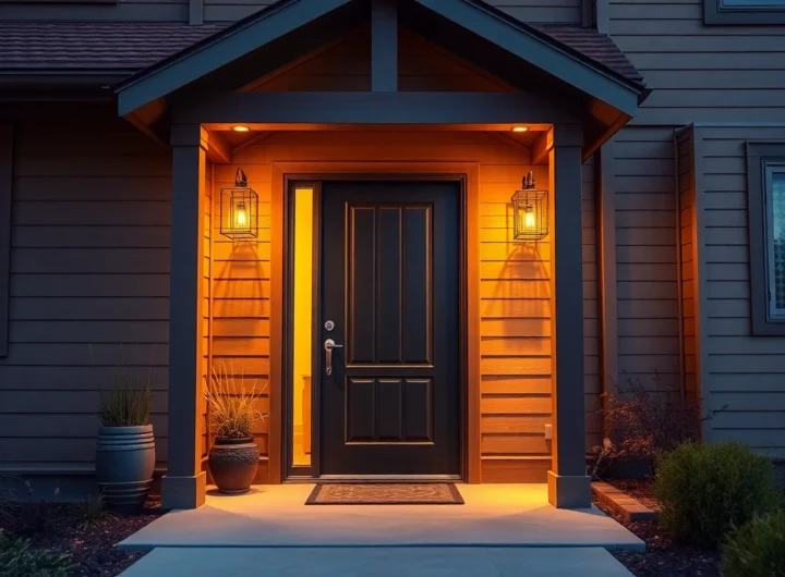 Front door replacement in progress: modern fiberglass entry with warm lighting