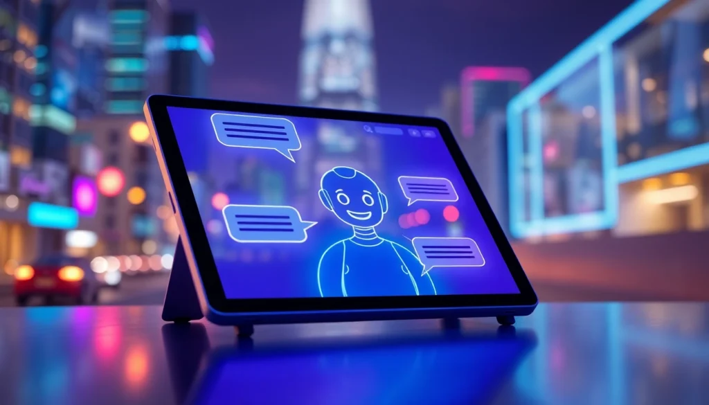 A futuristic AI chat interface on a tablet with neon accents and cityscape background.
