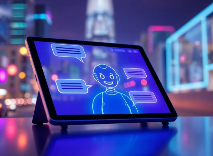 A futuristic AI chat interface on a tablet with neon accents and cityscape background.
