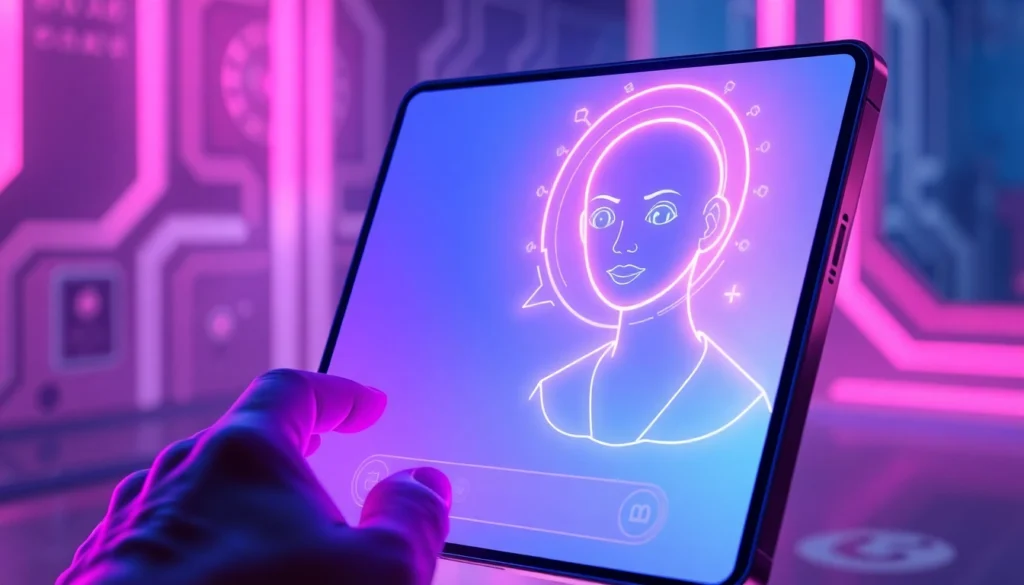 Futuristic AI chat interface with holographic avatar and vibrant neon lighting