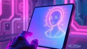 Futuristic AI chat interface with holographic avatar and vibrant neon lighting