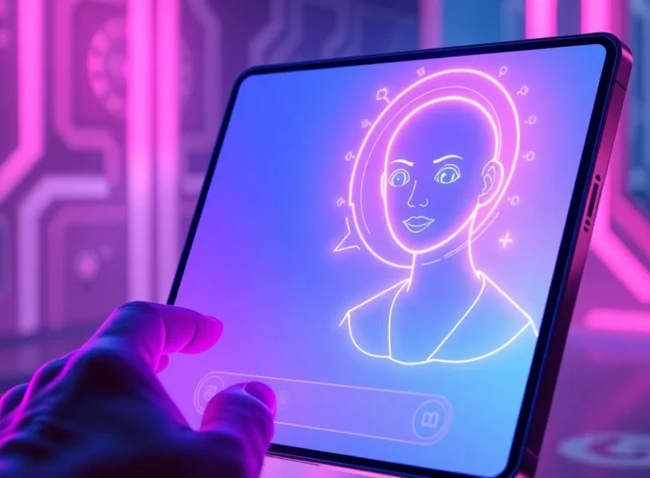 Futuristic AI chat interface with holographic avatar and vibrant neon lighting