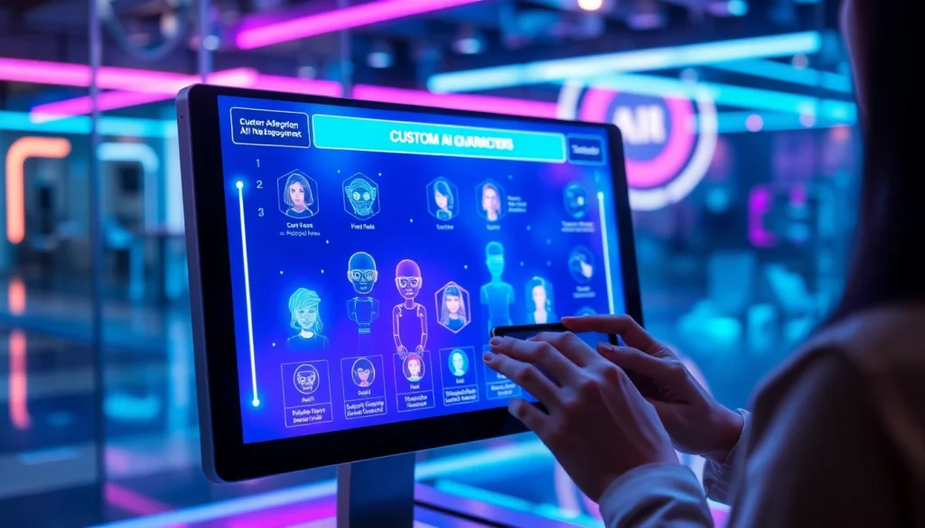 Futuristic digital interface with customizable AI characters on a glowing screen, person interacting with tablet in high-tech environment.