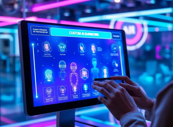 Futuristic digital interface with customizable AI characters on a glowing screen, person interacting with tablet in high-tech environment.