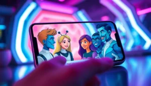 Futuristic smartphone screen displaying lively AI chat characters in a neon-lit digital environment.