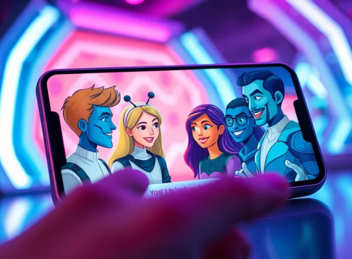Futuristic smartphone screen displaying lively AI chat characters in a neon-lit digital environment.