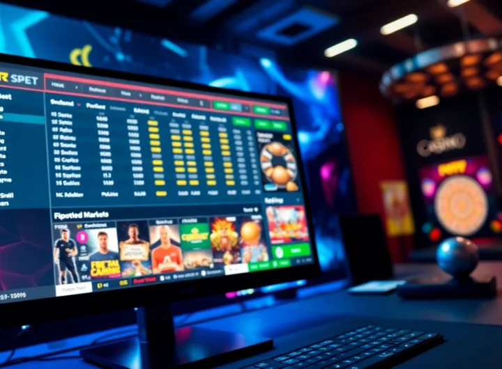 An online sportsbook and casino platform on a computer screen with vibrant colors and digital interface elements, creating an energetic gaming atmosphere.