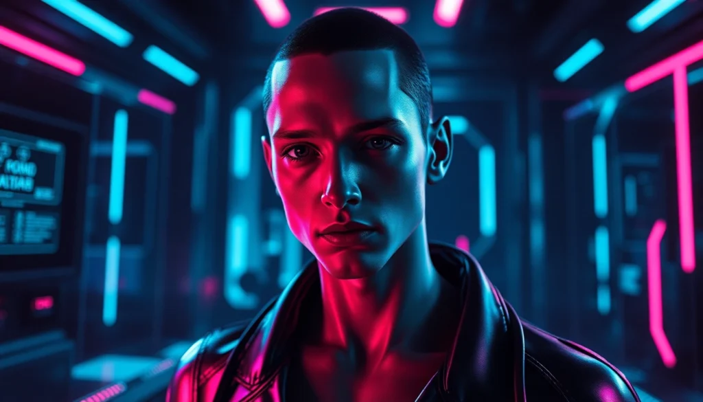 Hyper-realistic AI-generated adult figure in a futuristic digital environment with neon lighting and metallic textures.