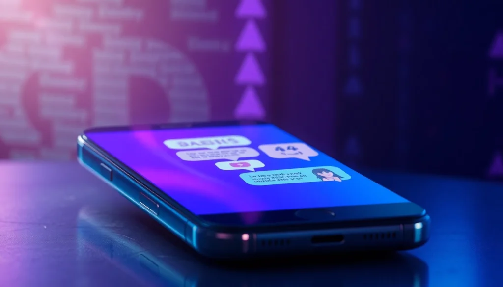 Close-up of a smartphone screen displaying suggestive chat bubbles and AI character icons, glowing in a dimly lit environment.