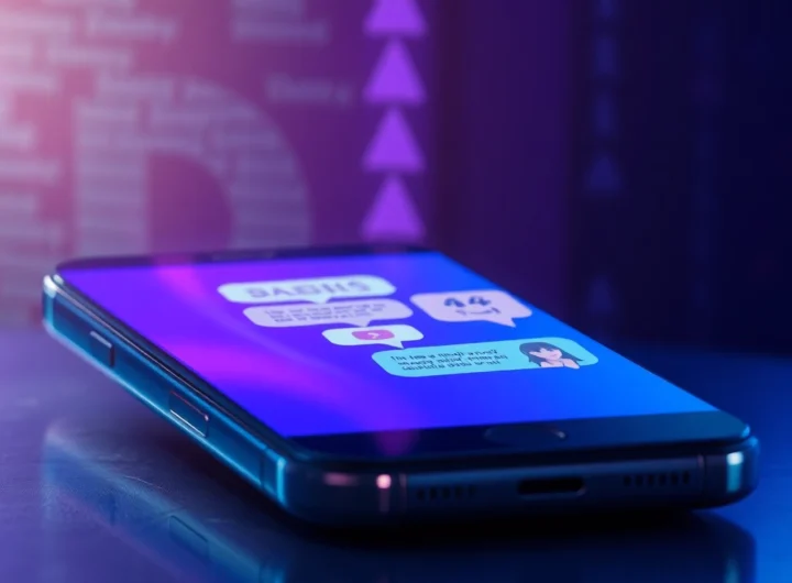 Close-up of a smartphone screen displaying suggestive chat bubbles and AI character icons, glowing in a dimly lit environment.