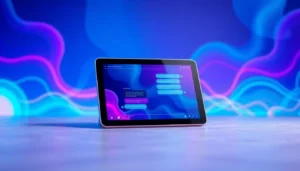 Futuristic AI chatbot interface on a sleek tablet with colorful digital backgrounds and lively chat bubbles.