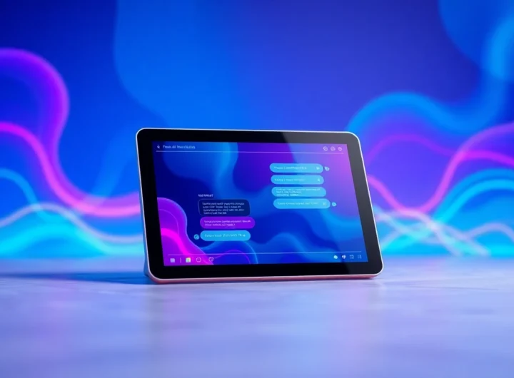 Futuristic AI chatbot interface on a sleek tablet with colorful digital backgrounds and lively chat bubbles.