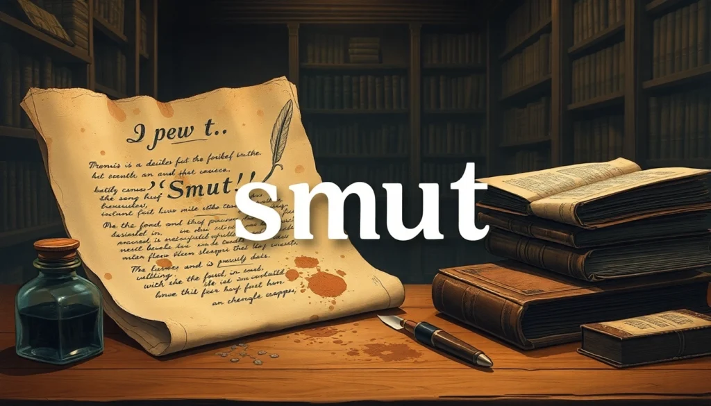 Historical illustration of old books, ink stains, and a scholar's desk representing the evolution of the word "smut."