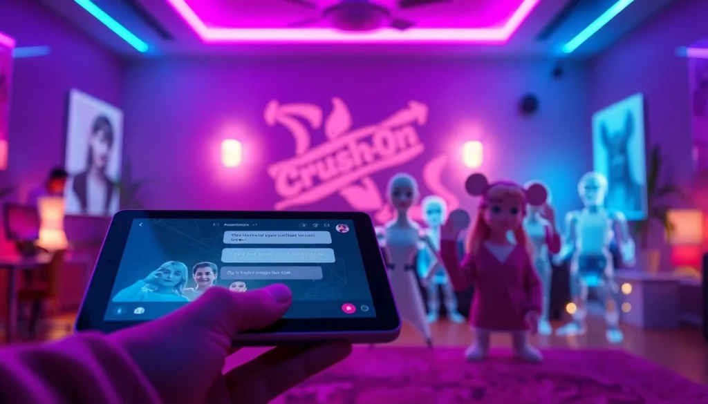 Futuristic digital chat interface with customizable AI characters in a cyberpunk-inspired setting.