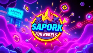 Illustration showcasing APORK for Rebels meme coin logo with gaming and blockchain visuals,