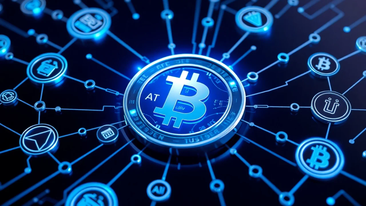 Aicoin digital currency concept with real-time market data and blockchain elements