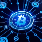 Aicoin digital currency concept with real-time market data and blockchain elements