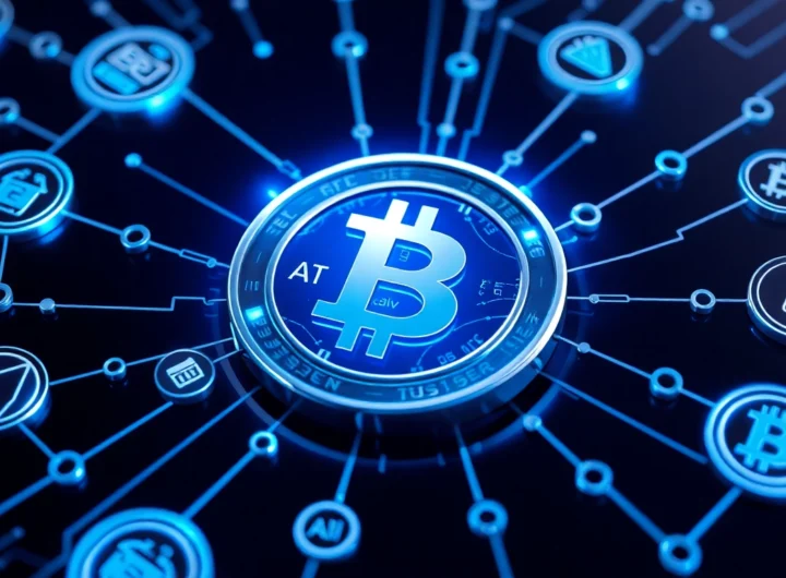 Aicoin digital currency concept with real-time market data and blockchain elements