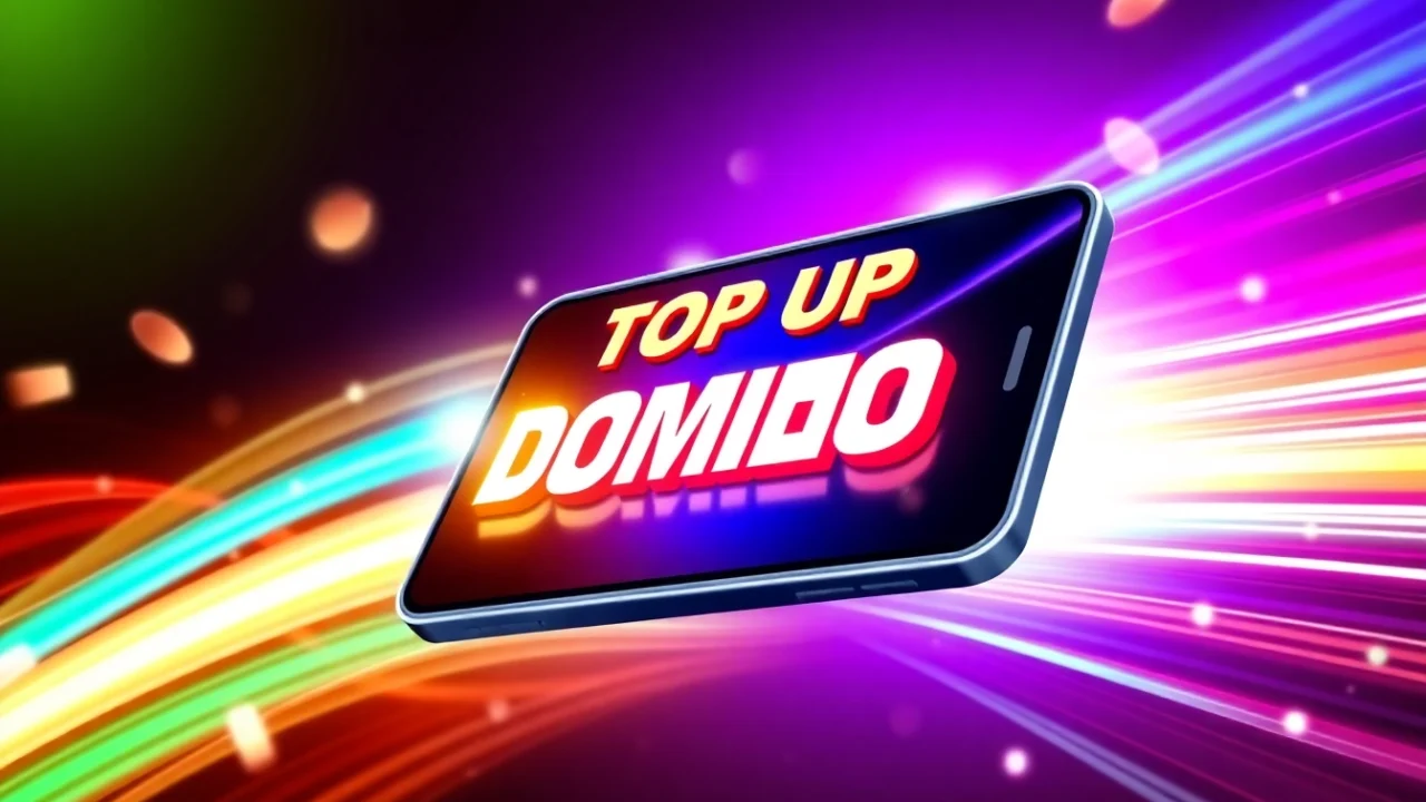Top up domino credits shown on a smartphone screen with fast secure transaction visuals,