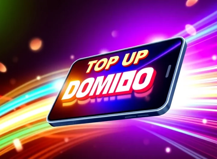 Top up domino credits shown on a smartphone screen with fast secure transaction visuals,