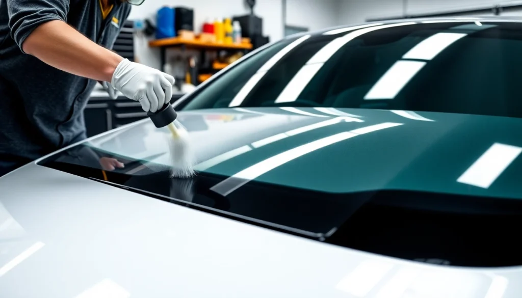 Professional technician performing Wohnmobil Politursiegelung on a shiny campervan with