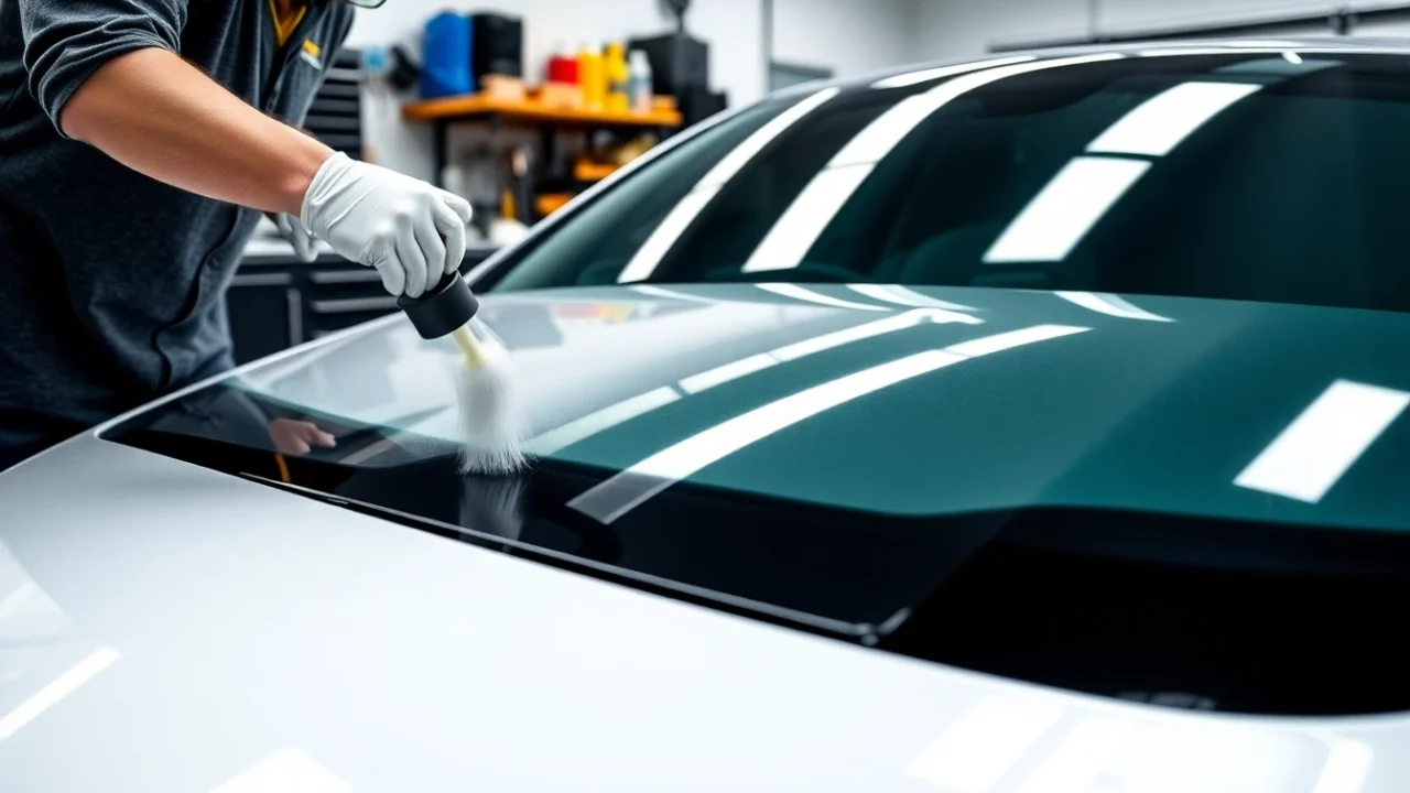 Professional technician performing Wohnmobil Politursiegelung on a shiny campervan with