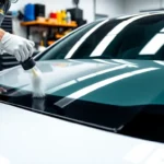 Professional technician performing Wohnmobil Politursiegelung on a shiny campervan with