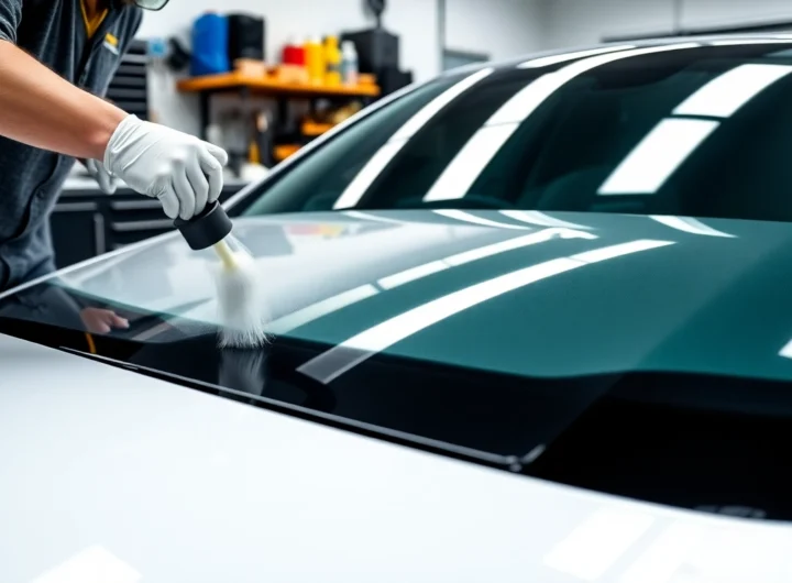Professional technician performing Wohnmobil Politursiegelung on a shiny campervan with
