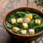Close-up of ready to eat palak paneer with fresh spinach and paneer chunks on a rustic wooden