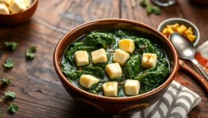 Close-up of ready to eat palak paneer with fresh spinach and paneer chunks on a rustic wooden
