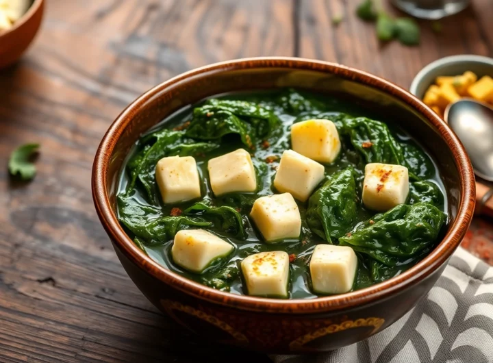 Close-up of ready to eat palak paneer with fresh spinach and paneer chunks on a rustic wooden
